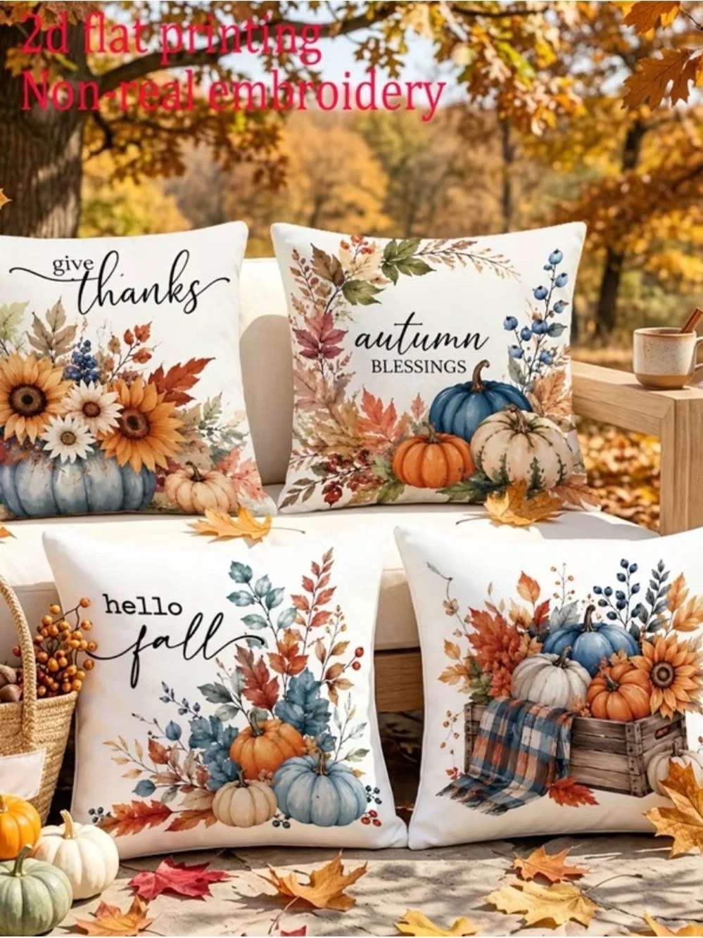 🆕 4 pc Autumn Blessings Fall Pumpkin Pillow Cover Set - Blue & Orange